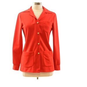 70s Vintage Red Double Knit Shirt Jacket Womens S Gold Button Mod Leisure Top